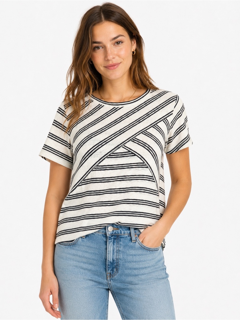 J.Crew Striped Mixed Stripe Short Sleeve Tee Ivory Black Medium
